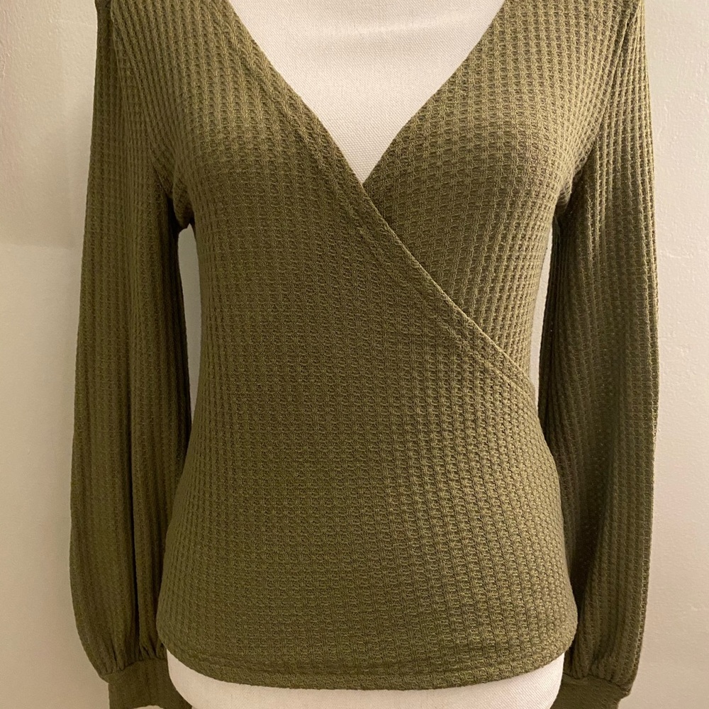 Olive Green long sleeve V neck top